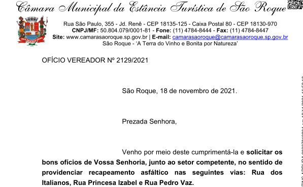OFÍCIO VEREADOR Nº 2129/2021