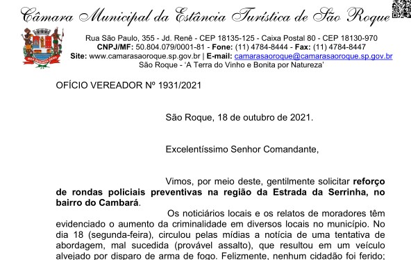 OFÍCIO VEREADOR Nº 1931/2021