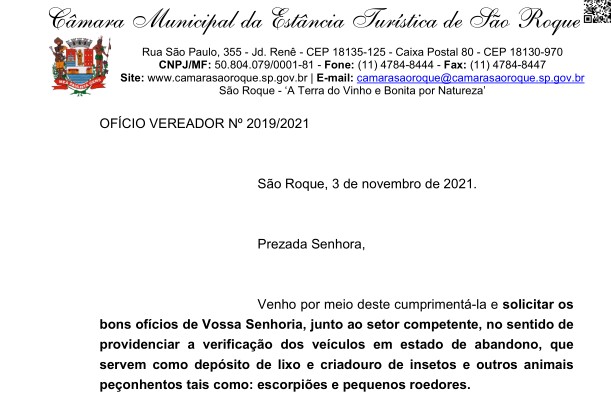 OFÍCIO VEREADOR Nº 2019/2021