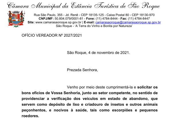OFÍCIO VEREADOR Nº 2027/2021