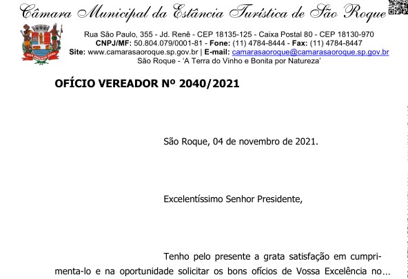 OFÍCIO VEREADOR Nº 2040/2021