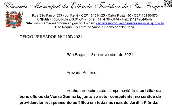 OFÍCIO VEREADOR Nº 2100/2021