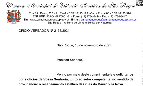 OFÍCIO VEREADOR Nº 2136/2021