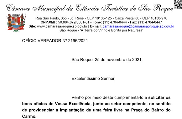 OFÍCIO VEREADOR Nº 2196/2021