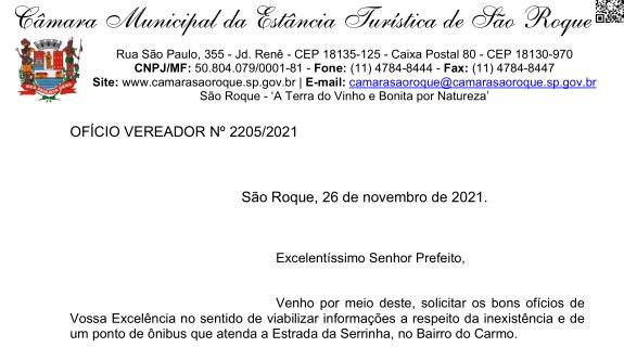 OFÍCIO VEREADOR Nº 2205/2021