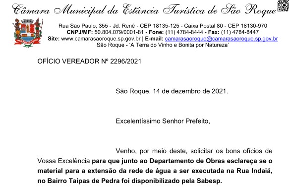 OFÍCIO VEREADOR Nº 2296/2021
